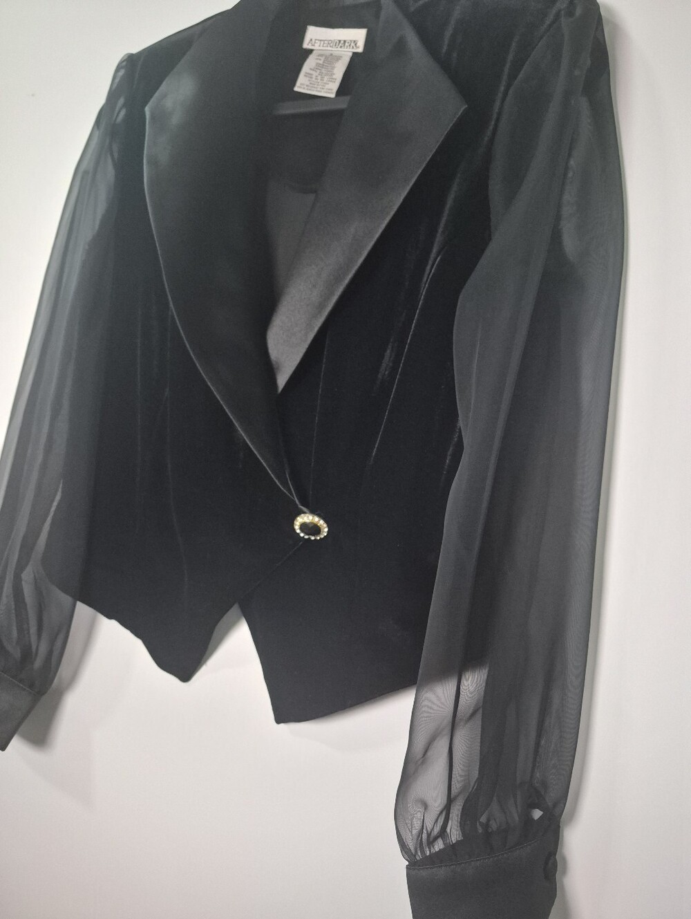 Rare 80s VTG After Dark Velvet Tuxedo Blazer Jacket Sheer Mesh Sleeves Sz 8